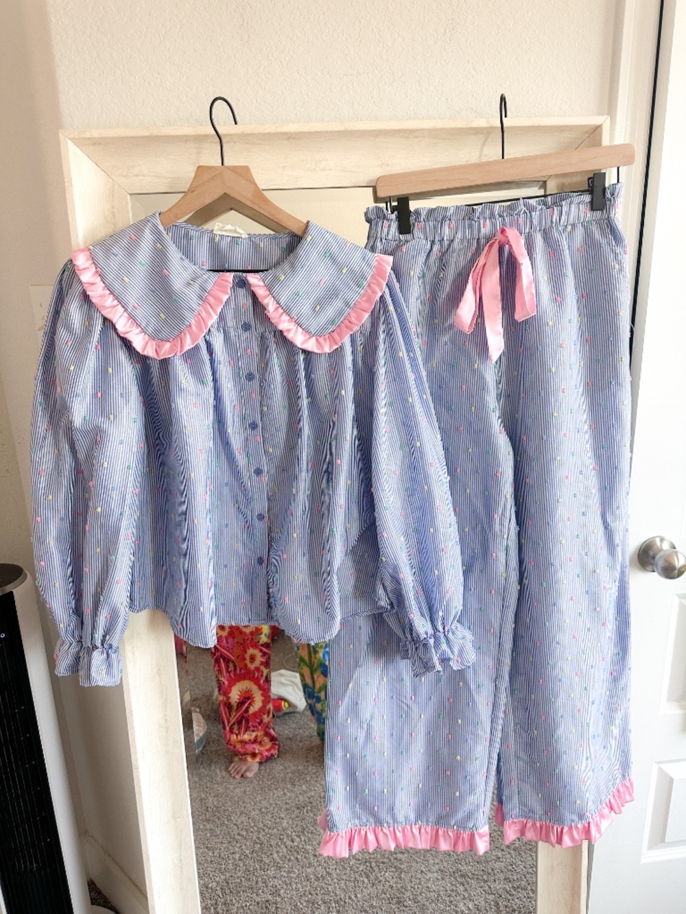 Rareraw Size S Blue Striped Pink Ruffle Peter Pan Collar Pajama Lounge Set
